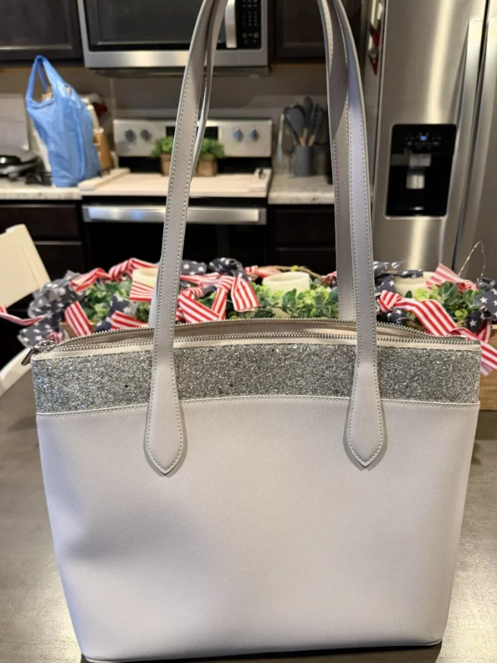 Kate Spade Gray Flash Glitter Tote Bag No Straps Gently Used D411